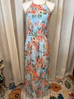 B Darlin Light Blue Floral Halter Maxi Dress with Coral & Yellow Blooms